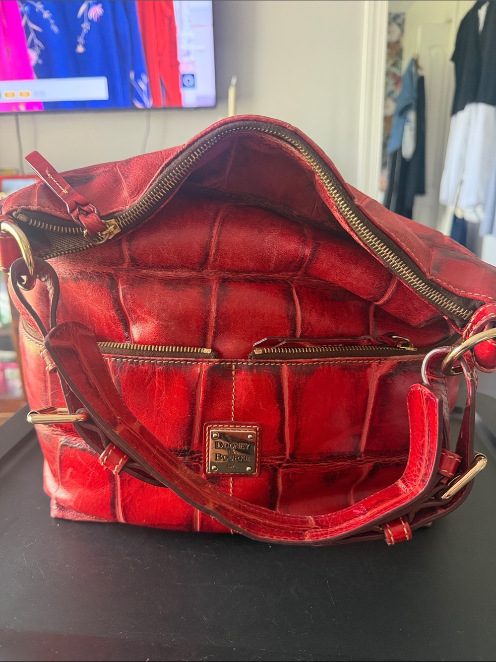 Dooney & Bourke Red Croc-Embossed Shoulder Bag with Gold Hardware